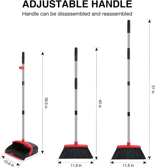 NACENA Broom and Dustpan Set, 52-in Long Adjustable Handle Broom Dustpan Combo with Dustpan Teeth to Automatically Clean Hair Suitable for Home Kitchen Office Hall Floor(Black&Red)