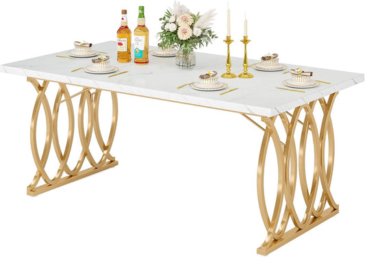 Tribesigns Modern Dining Table, 63" Large Kitchen Table for 4-6 People, Unique Rectangular Dinner Table Kitchen & Dining Room Furniture with Faux Marble Tabletop and Geometric Legs