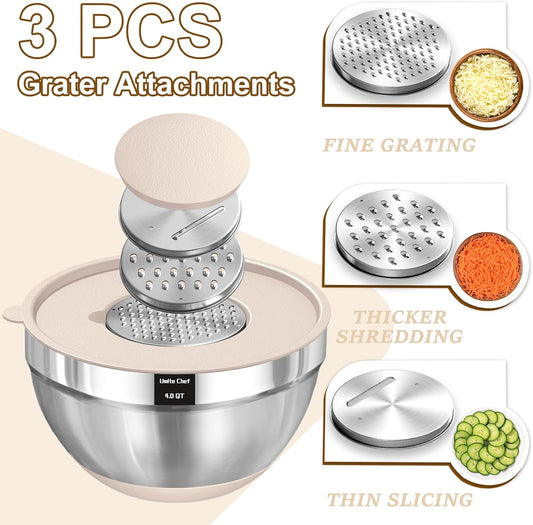 Umite Chef Mixing Bowls with Airtight Lids Set, 8PCS Stainless Steel Khaki Nesting Bowls with Grater Attachments, Kitchen Bowls with Non-Slip Bottoms, Size 5, 4, 3.5, 2, 1.5QT for Mixing & Serving