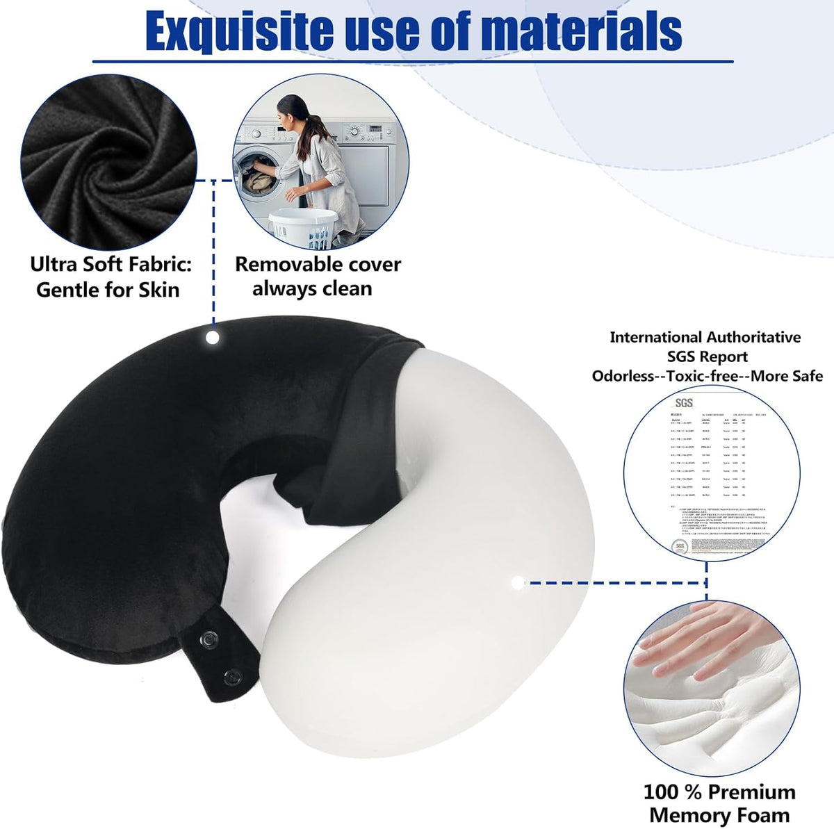 SAIREIDER Travel Pillow 100% Pure Memory Foam Travel Neck Pillow, Airplane Pillow for Traveling、Car、Home、Office,Washable Cover(Black)
