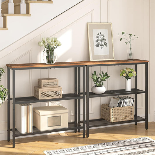HOOBRO 29.5" Narrow Console Table, 3-Tier Entryway Table, Thin Sofa Table with Shelves, Side Table, Display Table, for Hallway, Entrance, Living Room, Bedroom, Rustic Brown and Black BF73XG01