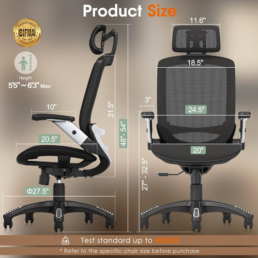 GABRYLLY Ergonomic Office Chair, High Back Home Desk Chair with Headrest, Flip-Up Arms, 90-120° Tilt Lock and Wide Cushion, Big and Tall Mesh Chairs for Man Woman, Black Task Chair