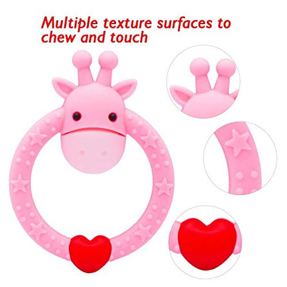 SHARE&&CARE BPA Free Silicone baby teether giraffe toy with storage case, for 3 months above infant sore gums pain relief (Pink)