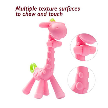 SHARE&&CARE BPA Free Silicone baby teether giraffe toy with storage case, for 3 months above infant sore gums pain relief (Pink)