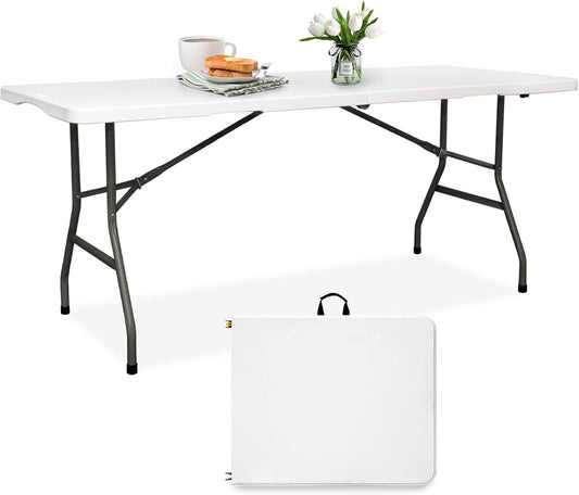 Folding Table 6FT HDPE 6 Foot Foldable Table Portable Banquet Surface Fold-in-Half Desk Utility for Working Meeting Parties, Picnic, Camping, Weddings, Catering, Garden Dining-White
