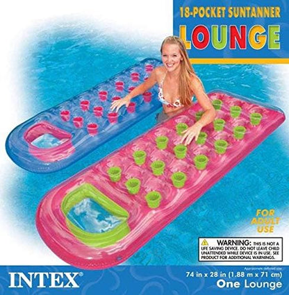 INTEX 18-Pocket Inflatable Pool Float Lounger with Pillow – 74" x 28" Raft for Adults – Suntanner Swimming Mat, Assorted Colors