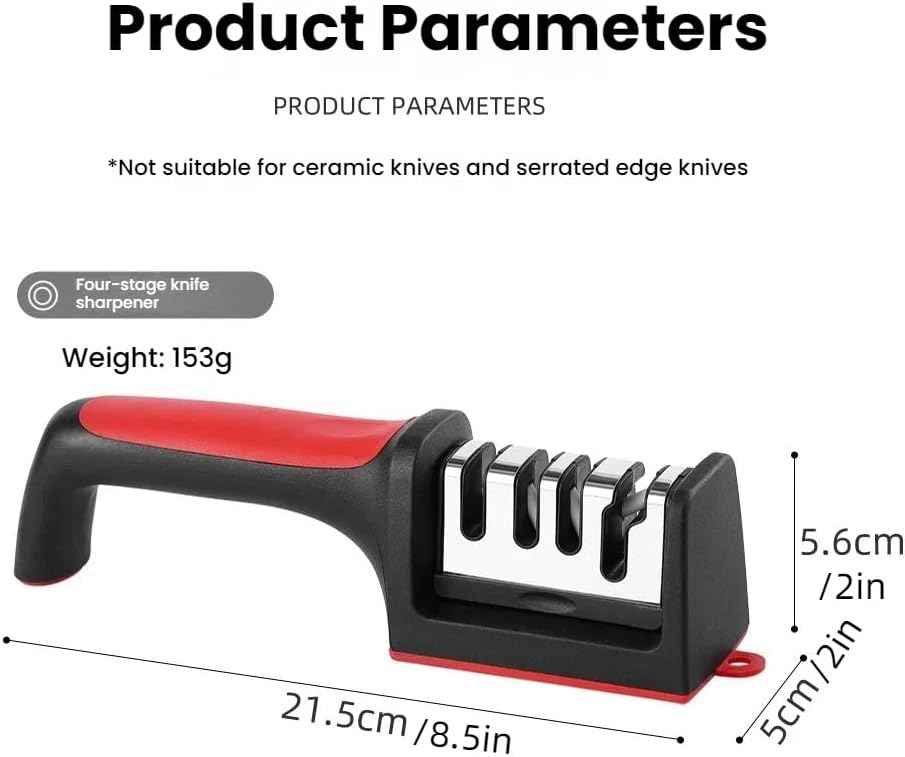 4-in-1 Kitchen Knife Sharpener, Professional Grade with Tungsten Steel and Ceramic Slots, Scissor Sharpening, Black/Red
