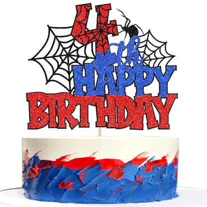 1 PCS Happy 4th Birthday Cake Topper Glitter Spider Web Cheers to 4 Years Four Birthday Cake Pick Superhero Spider Party Decorations for Boys Girls Happy 4th Birthday Party Cake Decorations Supplies