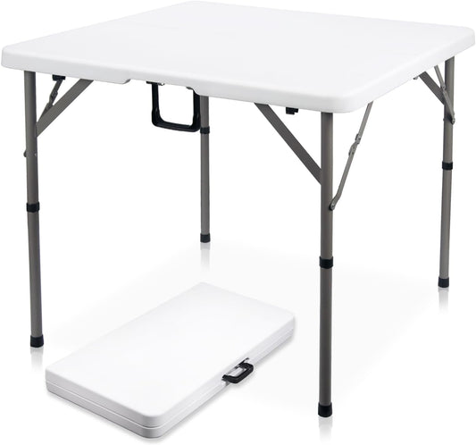 34" Square Folding Card Table, Fold-in-Half Utility Dining Portable Table Heavy Duty HDPE White Plastic Foldable with Carrying Handle Indoor Outdoor for Picnic, Camping, Party