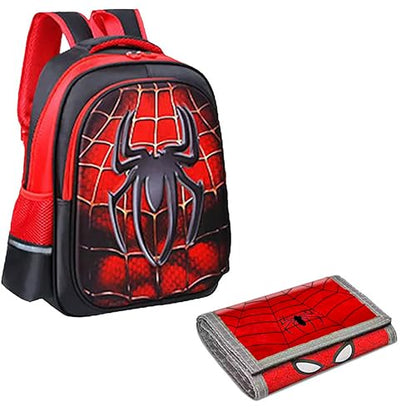 Red Superhero Wallet and Red Kids Backpack Gift Set | 12”x16”x6” Children's School Bags & 5”x10” Kids Wallet for Boys and Girls with Spidey Movie Theme - Back-To-School Bags