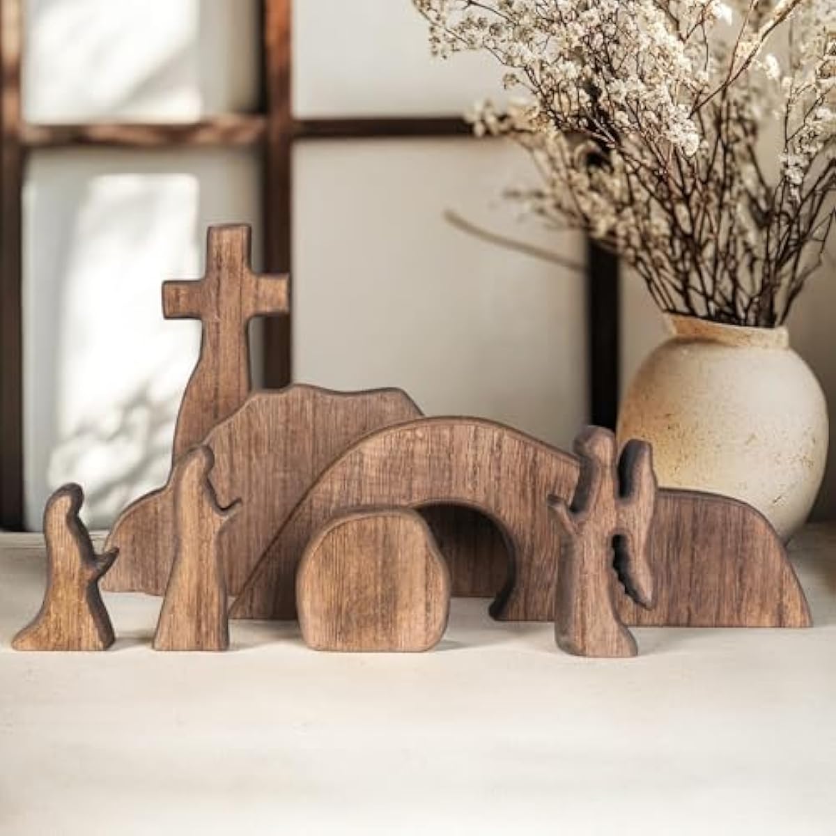 NEROSUN Empty Tomb Easter Scene and Cross Decoration, Wooden Easter Resurrection Scene Cross Jesus Tomb Tray Set, Jesus Nativity Scene Decor for Religious Home Office Tabletop Christian Gifts