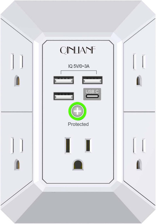 Wall Charger, Surge Protector, QINLIANF 5 Outlet Extender with 4 USB Charging Ports, 3-Sided 1680J Power Strip Multi Plug Adapter Spaced for Home Travel Office