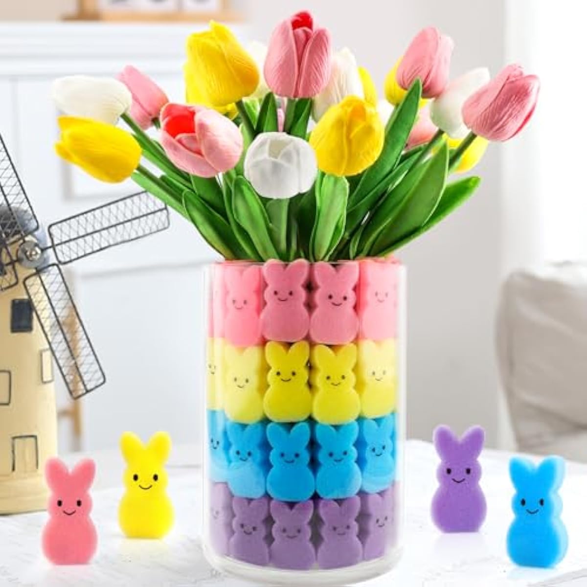 Easter Decorations Easter Decor 15pcs Artificial Tulips with 48pcs Bunnies Vase Filler Spring Decor Home Indoor Decoration Centerpieces for Tables