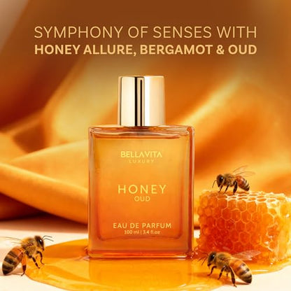 BellaVita Luxury Honey Oud Eau de Parfum (3.4 fl. oz.) | Patchouli, Vanilla, Bergamot, Floral & Spicy + Vegan Essentials Oils | Best gift for Valentine's Day | Long-Lasting Unisex Fragrance