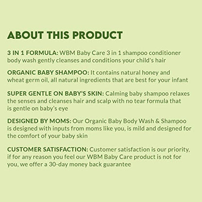 WBM Baby Care 3-in-1 Baby Shampoo, Body Wash & Conditioner, Care From Nature,100% Plant-Based, No Tear Formula, Safe on Babies Skin, Kids Shampoo 300 ml/ 10 fl. Oz