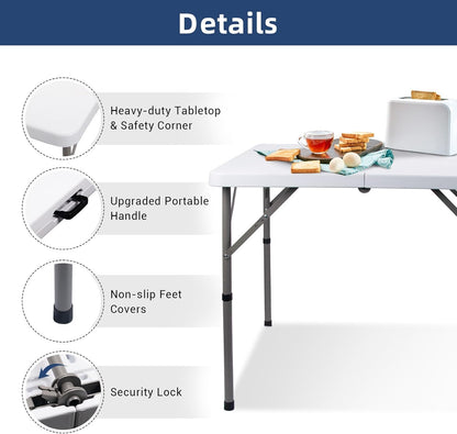 34" Square Folding Card Table, Fold-in-Half Utility Dining Portable Table Heavy Duty HDPE White Plastic Foldable with Carrying Handle Indoor Outdoor for Picnic, Camping, Party