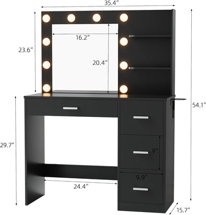 YESHOMY Vanity Desk with Mirror, 10 Lights, Power Outlet and 3 Storage Shelves, Makeup Table with 4 Drawers, 3 Color Modes, for Bedroom, Black