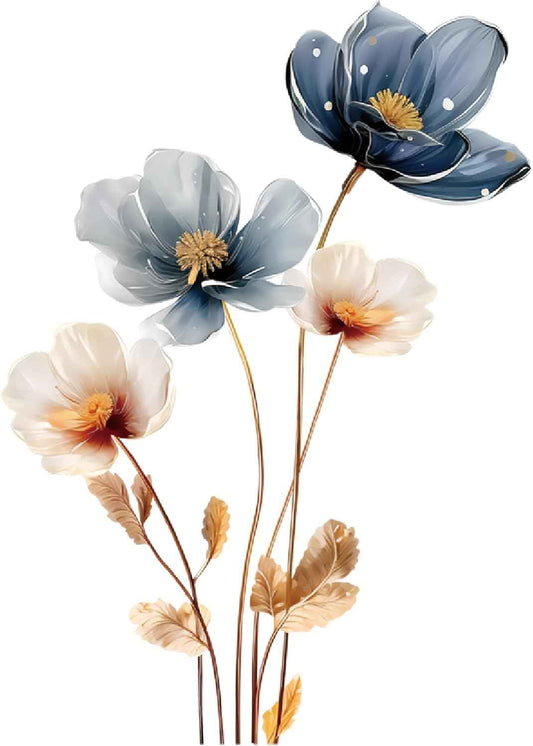 Gold Leaf Blue Flower Wall Decal PVC Wall Sticker Vintage Watercolor Floral Wall Art for Living Room Bedroom Home Decor