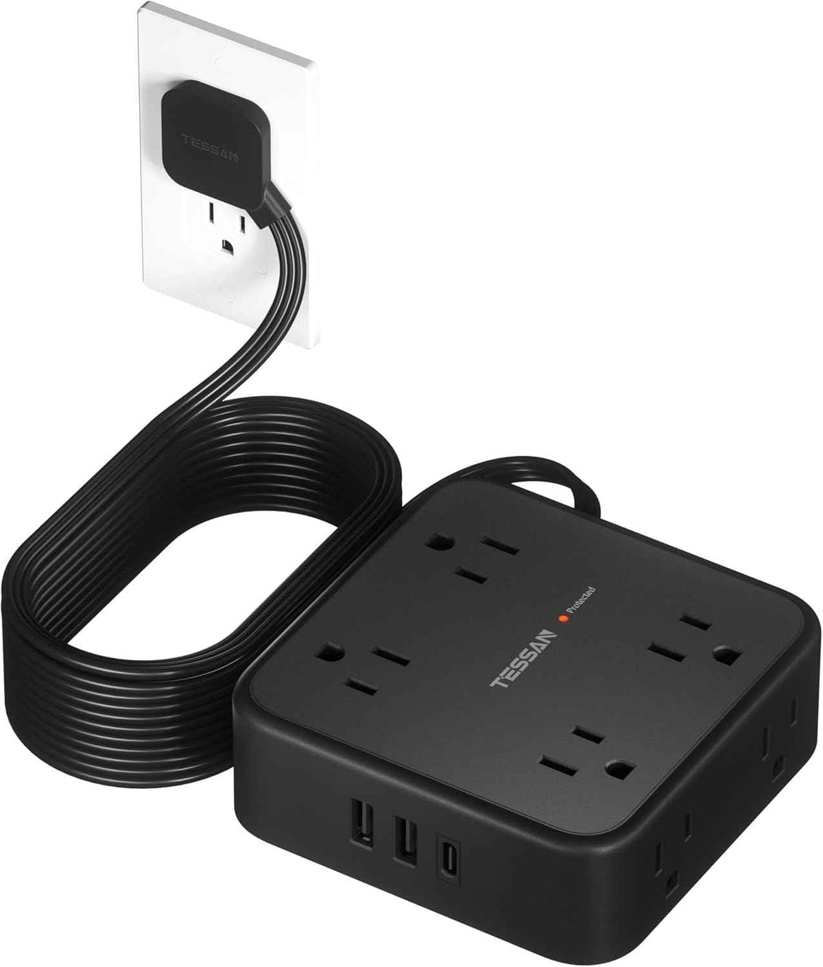 TESSAN Surge Protector Power Strip, 5 Ft Flat Plug Extension Cord with 3 USB (1 USB C) 8 Outlets, 900J Surge Protection, 3 Sided Outlet Extender with Power Switch for Office, Dorm Room Essentials