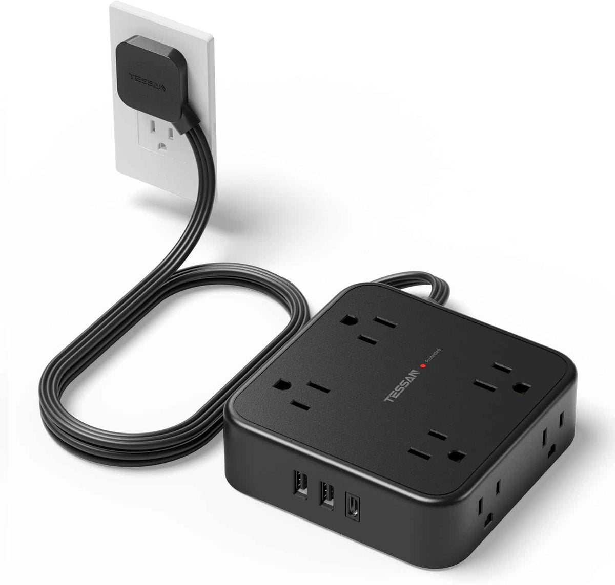 TESSAN Surge Protector Power Strip, 5 Ft Flat Plug Extension Cord with 3 USB (1 USB C) 8 Outlets, 900J Surge Protection, 3 Sided Outlet Extender with Power Switch for Office, Dorm Room Essentials