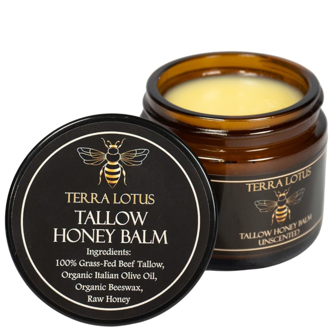 Terra Lotus - Organic Grass-Fed Beef Tallow Balm with Raw Honey - Moisturizing Cream for Soft, Smooth Skin - Handmade All-Natural Moisturizer (2 Oz, Unscented)