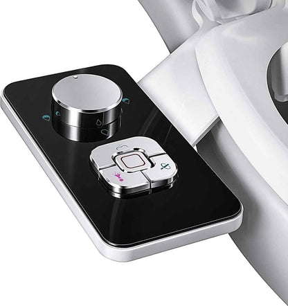 Samodra non-electric cold water bidet toilet seat attachment with pressure controls, retractable nozzles, black finish.