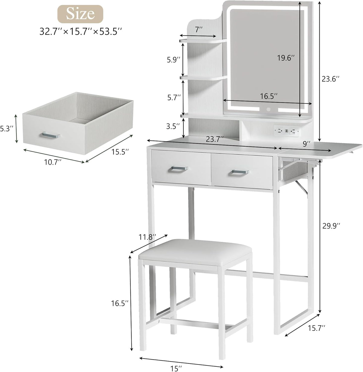 Small Vanity Desk with Mirror and Lights, Makeup Vanity with Fabric Storage Drawer, Chair and Three Shelves, White Vanity with Power Outlet and Fold-up Panel, Bedroom