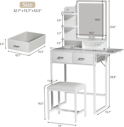 Small Vanity Desk with Mirror and Lights, Makeup Vanity with Fabric Storage Drawer, Chair and Three Shelves, White Vanity with Power Outlet and Fold-up Panel, Bedroom
