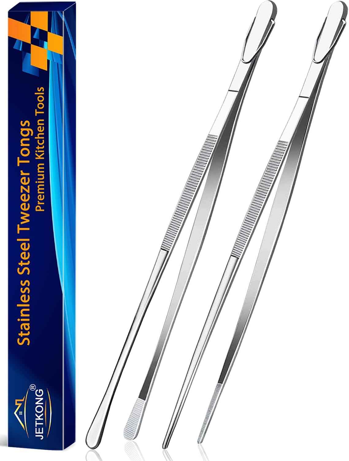 JETKONG 2 Pcs 12-Inch Kitchen Tweezers Fine Tweezer Tongs, Extra-Long Stainless Steel Cooking Tweezers (Silver)