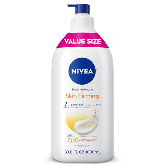 NIVEA Sheer Hydration Skin Firming Body Lotion with Q10 and Vitamin C, 72-Hour Body Moisturizer for Normal to Dry Skin, 33.8 Fl Oz Value Size Pump Bottle