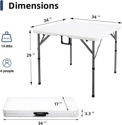 34" Square Folding Card Table, Fold-in-Half Utility Dining Portable Table Heavy Duty HDPE White Plastic Foldable with Carrying Handle Indoor Outdoor for Picnic, Camping, Party