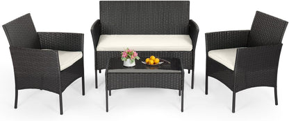 FDW | 4-Piece Patio Furniture Set | Black | Outdoor Wicker Furniture with Coffee Table | Modern Rattan Chairs Conversation Set | Outdoor Seating | Weather-Resistant | for Porch, Garden, Lawn