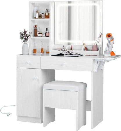 IRONCK Vanity Desk with LED Lighted Mirror & Power Outlet, Makeup Table with Drawers & Cabinet,Storage Stool, White