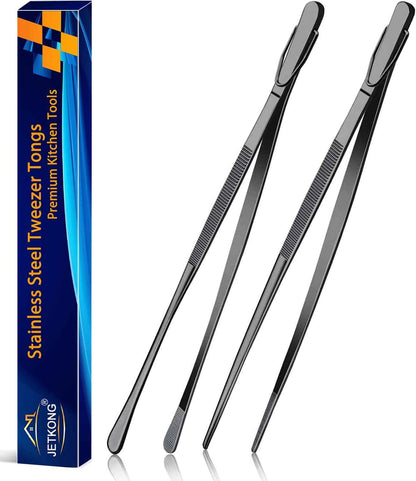 JETKONG 2 Pcs 12-Inch Kitchen Tweezers Fine Tweezer Tongs, Extra-Long Stainless Steel Cooking Tweezers (Silver)