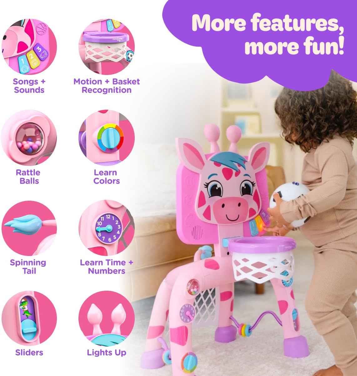 Move2Play, Giraffe Basketball Hoop & Soccer Goal Activity Center | 30+ Sounds & Lights | 1, 2, 3+ Year Old Gift & Birthday Present | 6, 12, 18, 24+ Month Toy For Baby, Toddler, Boys, & Girls
