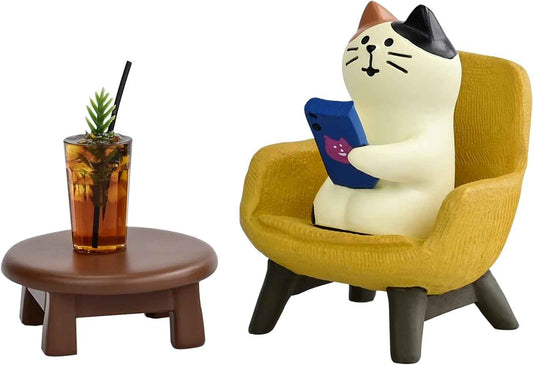 Cute Cat Playing Phone on Sofa and Drinking Coffee Figurine for Office Home Decor - Cute Cat Gift for Cat Lovers