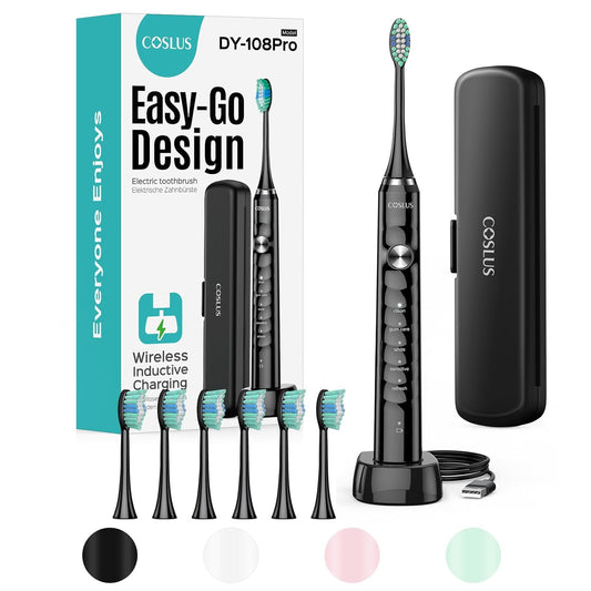 COSLUS Sonic Electric Toothbrush for Adults: 47000 VPM for Deep Cleaning & Whitening with Travel Case - 5 Modes for Sensitive Teeth & Braces, Wireless Charging, 6 Brush Heads for Home Family, Black