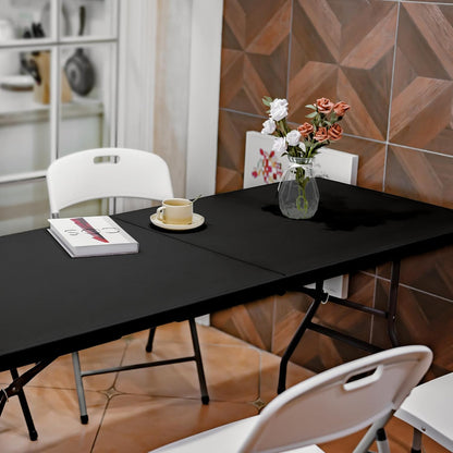 Folding Table 6ft Portable Heavy Duty Plastic Fold-in-Half 6 Foot Foldable Table Utility Dining Indoor Outdoor with Carrying Handle for Camping Picnic and Party, Black