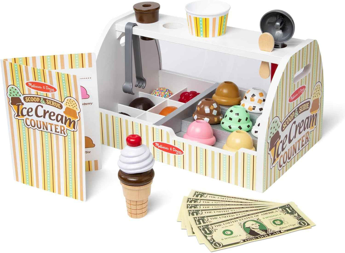 Melissa & Doug Wooden Scoop & Serve Ice Cream Counter, Pretend Play Store, 28 Toy Food & Play Kitchen Accessories, Preschool Toys for Girls & Boys 3+
