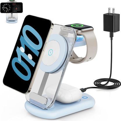 2025 Traveling Wireless Mag-Safe Fast Charging Station,Magnetic 3 in 1 Charger with Light for iPhone 17 16 15 14 13 12 Pro Max Plus,Apple Watch& Air pods 4 3 2 Pro-Gifts for Wife & Husband(White) - Rayz Mart
