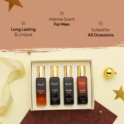 BellaVita Luxury Perfume Gift Set for Men (4 x 20ml) – Perfect Father’s Day Gifts for Dad & Husband | Includes KLUB, OUD, CEO & GOAT | Premium Masculine Woody, Citrusy & Aromatic Fragrances