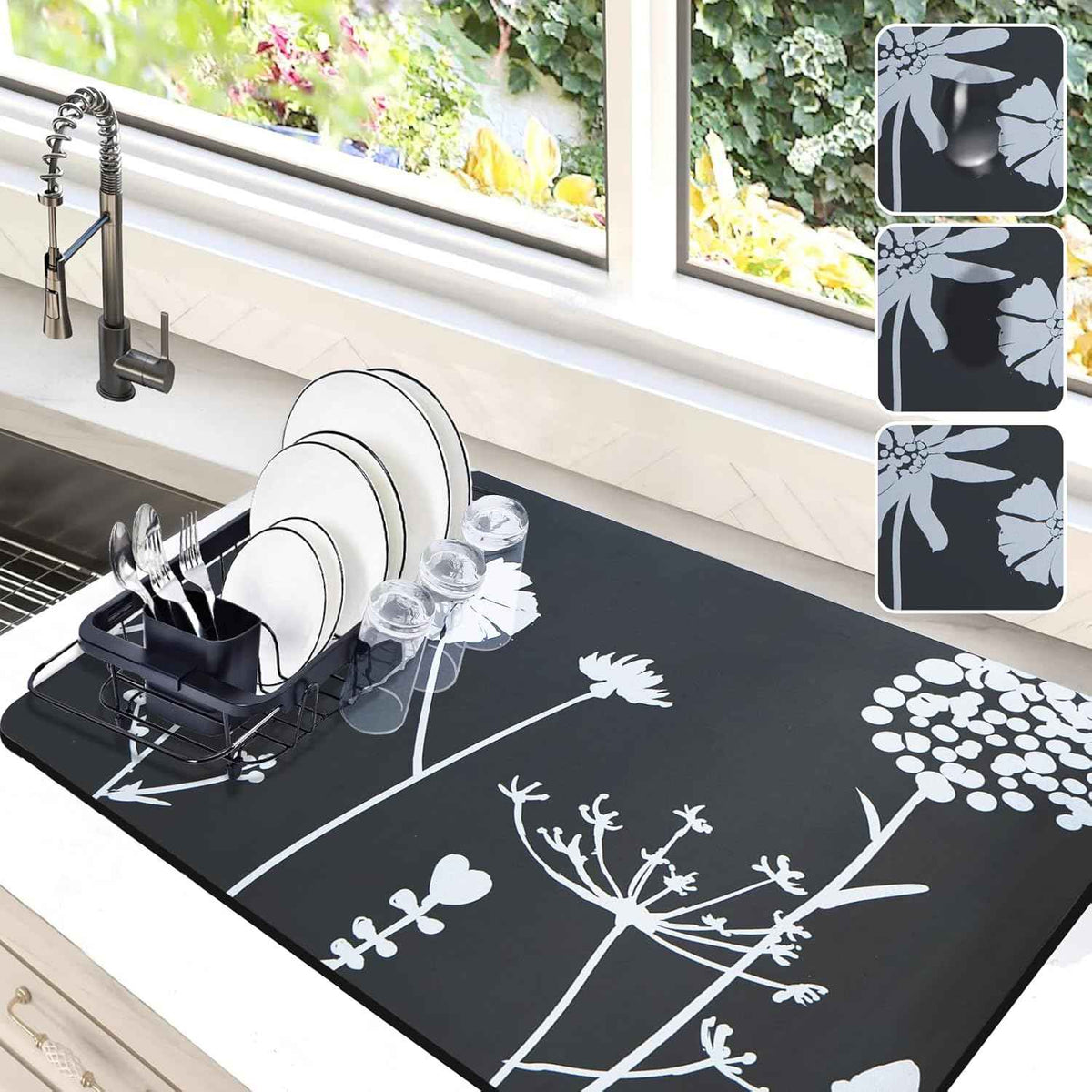 Dish Drying Mat for Kitchen Counter, 12"x19" Dish Drying Pad with Non-slip Rubber Backed, Hide Stain Anti Absorbent for Kitchen Counter, Drying Mat for Coffee Machine Dish Rack (Grey)