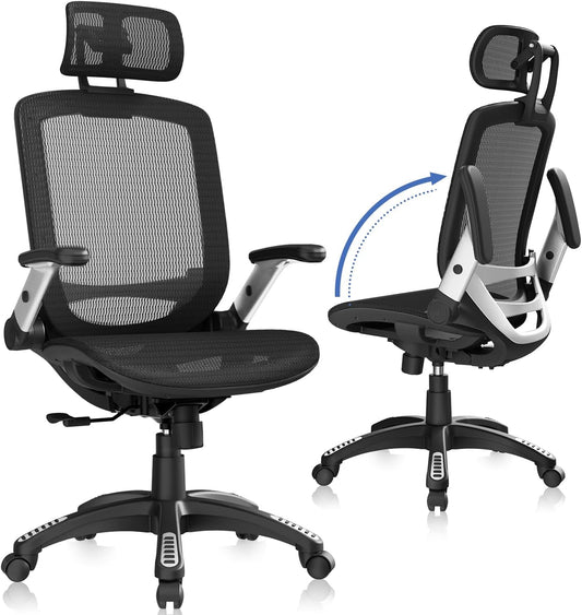 GABRYLLY Ergonomic Office Chair, High Back Home Desk Chair with Headrest, Flip-Up Arms, 90-120° Tilt Lock and Wide Cushion, Big and Tall Mesh Chairs for Man Woman, Black Task Chair