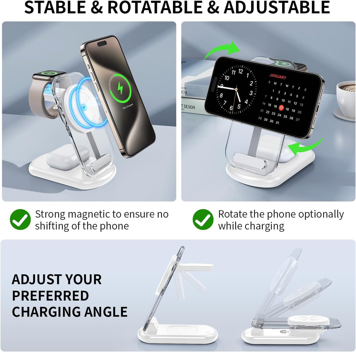 2025 Traveling Wireless Mag-Safe Fast Charging Station,Magnetic 3 in 1 Charger with Light for iPhone 17 16 15 14 13 12 Pro Max Plus,Apple Watch& Air pods 4 3 2 Pro-Gifts for Wife & Husband(White) - Rayz Mart