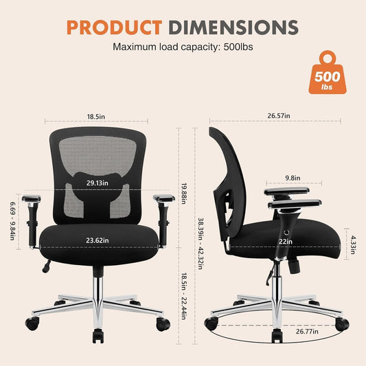 Sweetcrispy Big and Tall Office Desk Chair with Lumbar Support, 500lbs Heavy Duty Mesh Ergonomic Computer Chair with 4D Armrest and Wide Comfy Seat, Wheels for Adult