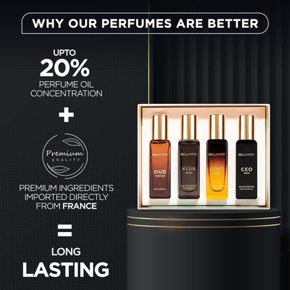 BellaVita Luxury Perfume Gift Set for Men (4 x 20ml) – Perfect Father’s Day Gifts for Dad & Husband | Includes KLUB, OUD, CEO & GOAT | Premium Masculine Woody, Citrusy & Aromatic Fragrances