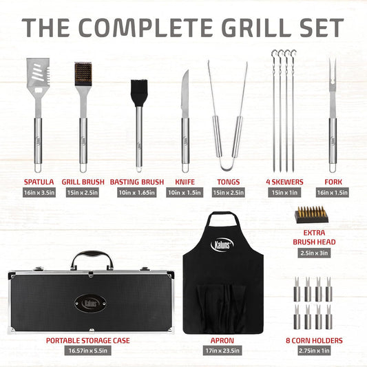 Kaluns Grilling Accessories, Gifts for Men Christmas Grilling Gifts for Dad, Heavy Duty Stainless Steel BBQ Grill Tools Set for Outdoor Grill with Aluminum Case and Apron, Birthday Gifts for Men Dad