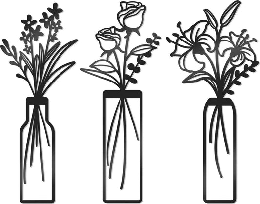 3 Pcs Large Black Metal Flowers and Vases Wall Decor Farmhouse Metal Flowers Wall Art Minimalist Art Flower Arrangement for Living Room Bedroom or Kitchen (Black, Floral C)