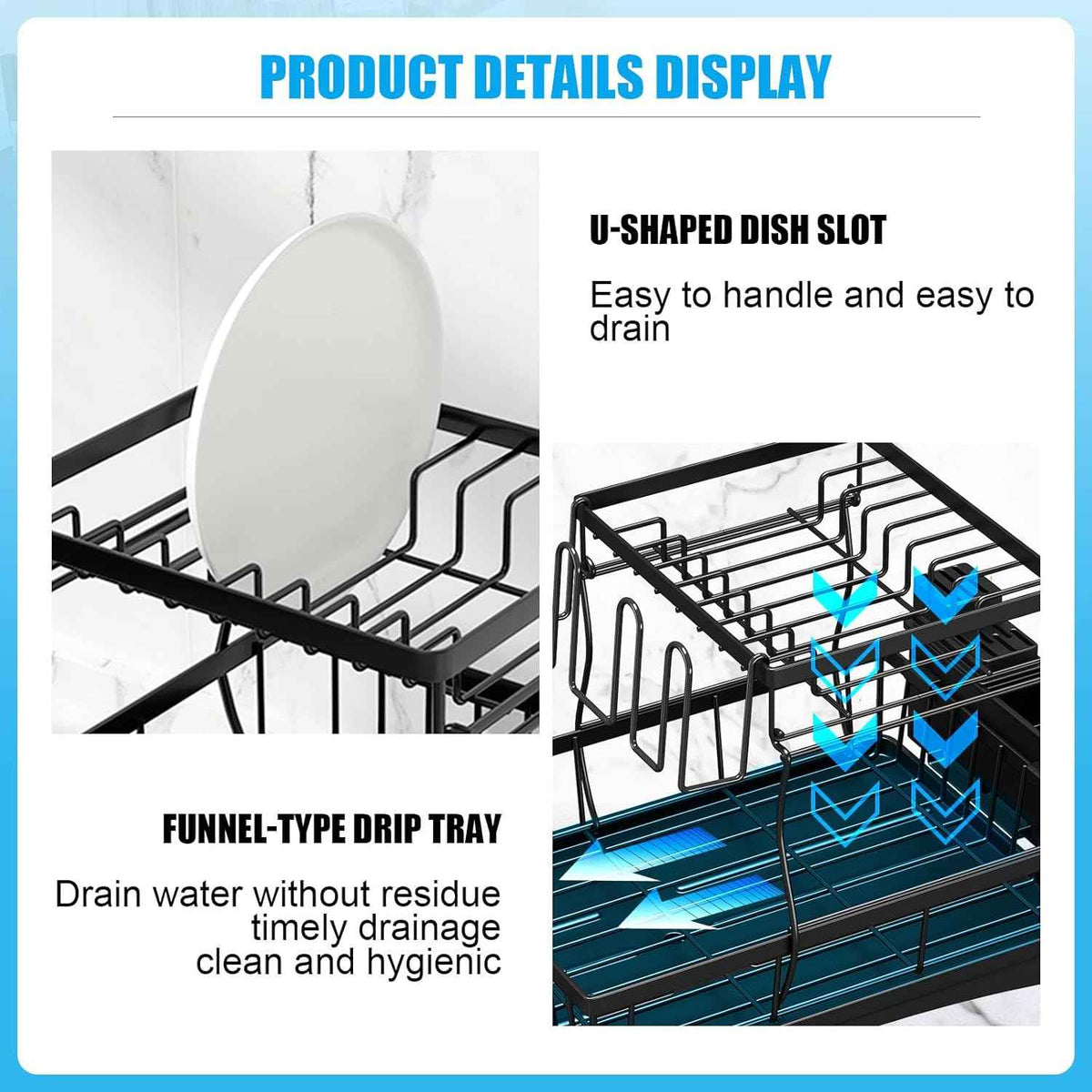 7 code Large Dish Drying Rack for Kitchen Counter, Detachable Large Capacity Dish Drainer Organizer, 2-Tier Dish Racks with Utensil Holder, Black