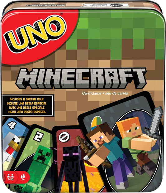 Mattel Games UNO Card Game, Gifts for Kids and Family Night, Themed to Minecraft Video Game, Travel Games, Storage Tin Box (Amazon Exclusive)
